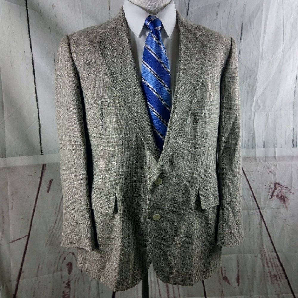 Haggar Imperial 44R Linen Blend 2 Button Brown Plaid Suit Blazer Sport Coat